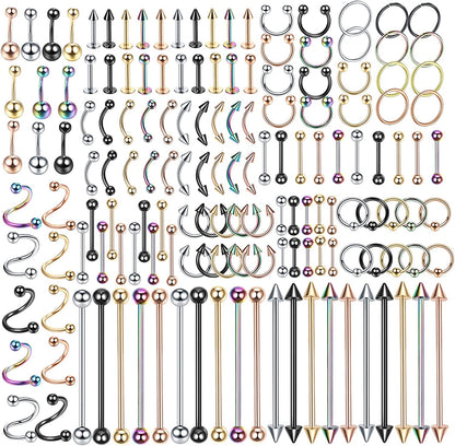 Oveta 55-150PCS Body Piercing Jewelry Lot 14G 16G 20G Stainless Steel Nose Lip Tongue Cartilage Tragus Eyebrow Industrial Barbell Belly Button Rings Piercing Kit Jewelry Apparel & Accessories > Jewelry > Body Jewelry Oveta 150pcs-Mixed Color  