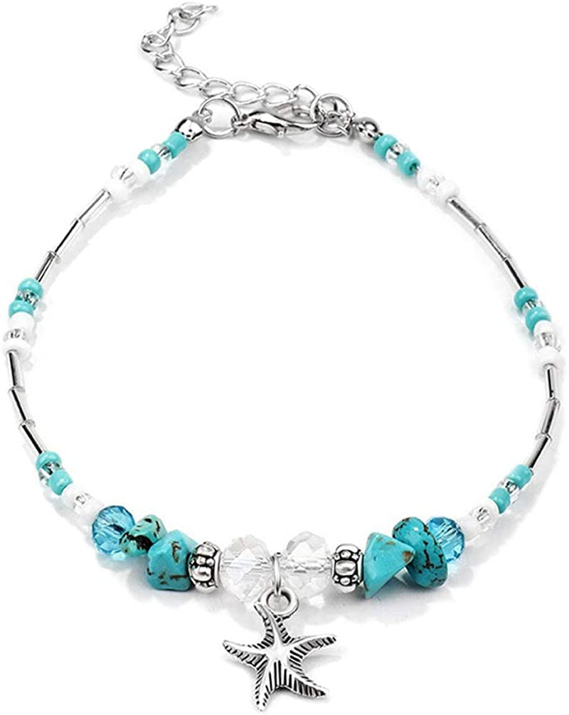 Softones Blue Starfish Turtle Anklet Multilayer Charm Beads Sea Handmade Boho Anklet Foot Jewelry for Women Girl Apparel & Accessories > Jewelry > Anklets Softones I:Star 1  