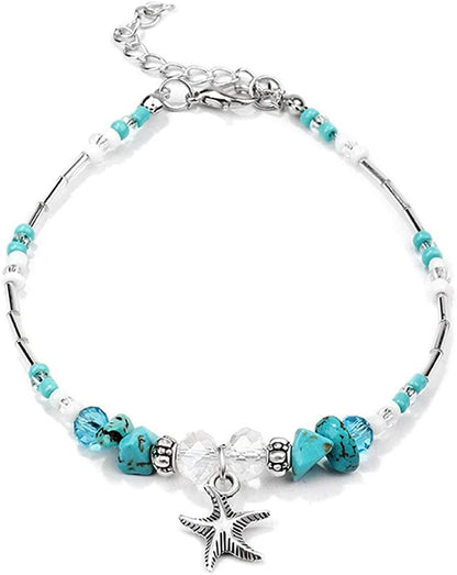Softones Blue Starfish Turtle Anklet Multilayer Charm Beads Sea Handmade Boho Anklet Foot Jewelry for Women Girl Apparel & Accessories > Jewelry > Anklets Softones I:Star 1  