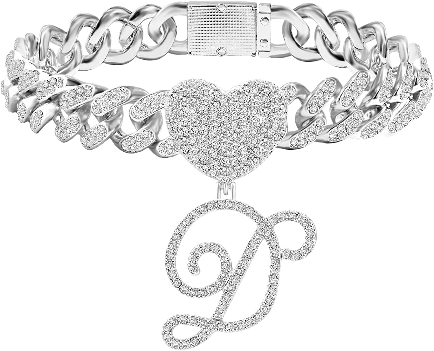 KKJTDS 13Mm Silver Cuban Link Anklets for Women Cursive Pendant Miami Cuban Link Chain Ankle Bracelets for Women Hip Hop Iced Out Letter Chain Anklet Apparel & Accessories > Jewelry > Anklets KKJTDS D  