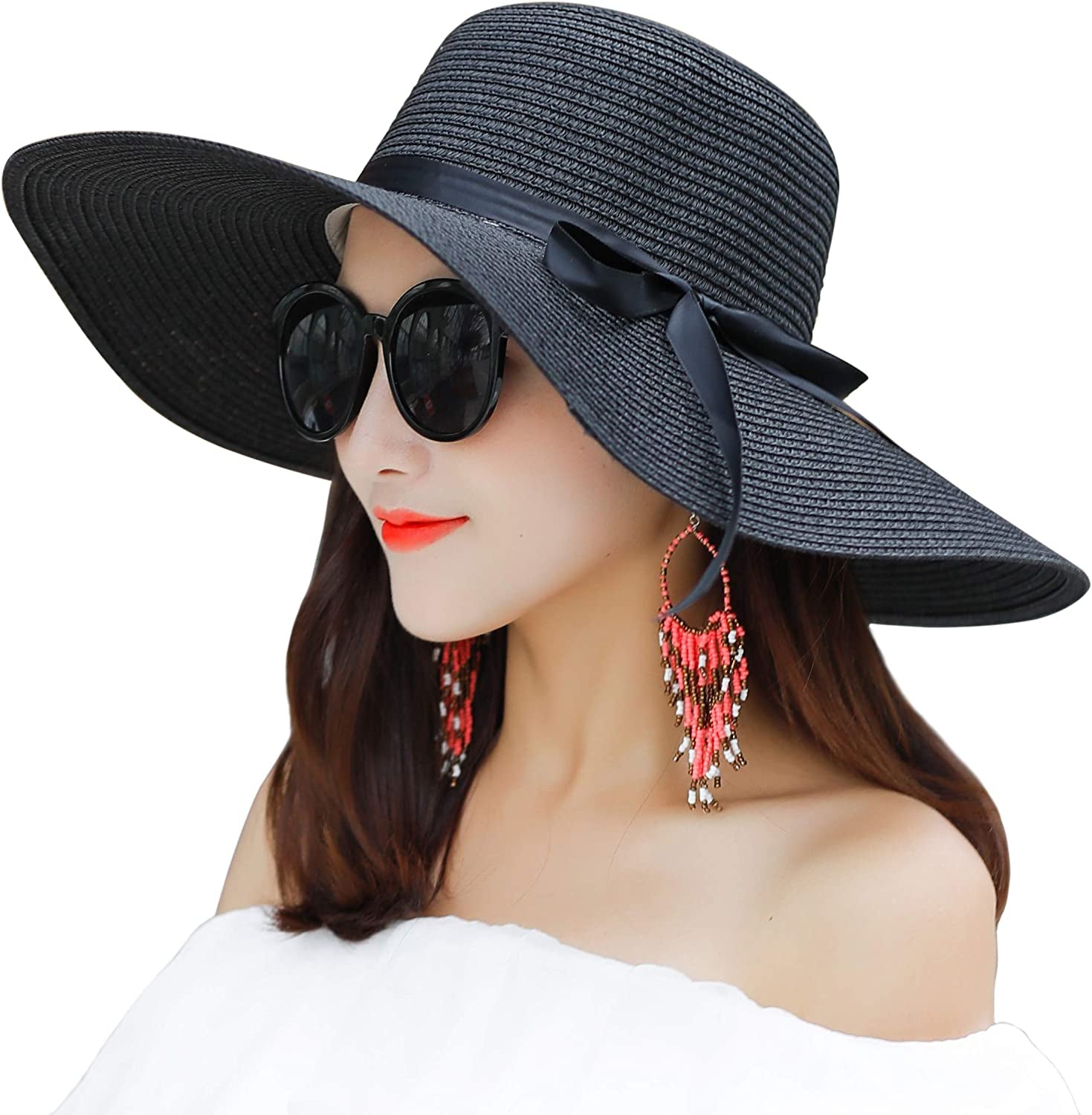 Muryobao Womens Wide Brim Straw Sun Hat Floppy Foldable Roll up Cap UPF 50+ Summer Beach Hats Apparel & Accessories > Clothing Accessories > Hats Muryobao Black  