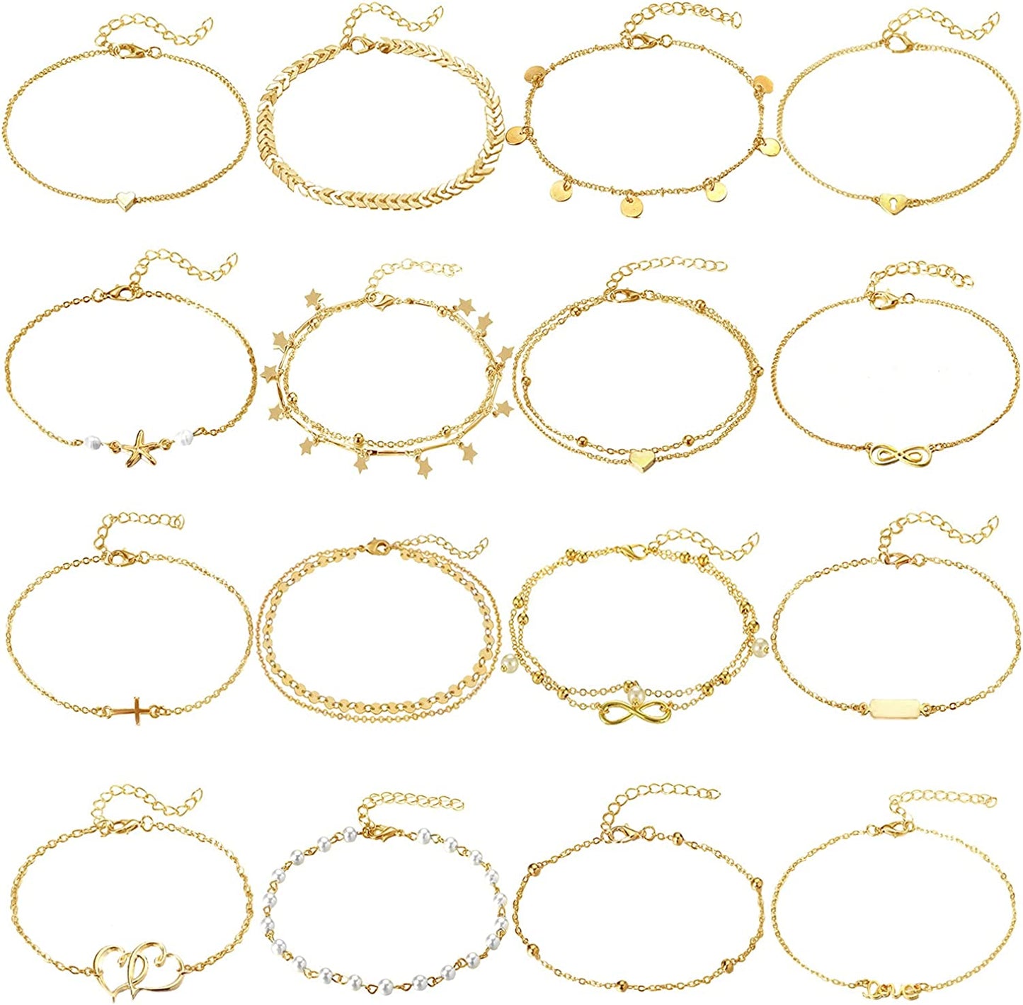 FUNEIA 12/16Pcs Anklets for Women Silver Gold Ankle Bracelets Set Boho Layered Beach Adjustable Chain Anklet Foot Jewelry Apparel & Accessories > Jewelry > Anklets Anlsen F:16pcs Gold  