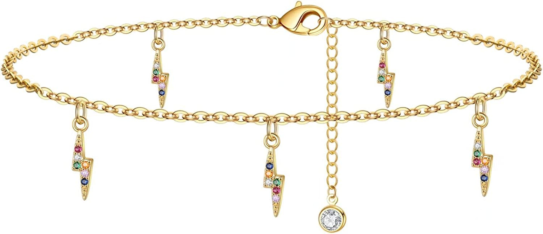 Dainty Ankle Bracelets for Women Girls, 14K Gold Filled Handmade Anklet Tiny Lock Key Star Lightning Crescent Elephant Evil Eye Ankle Bracelets for Women Girls Summer Boho Beach Foot Jewelry Apparel & Accessories > Jewelry > Anklets Yoosteel Lightning  