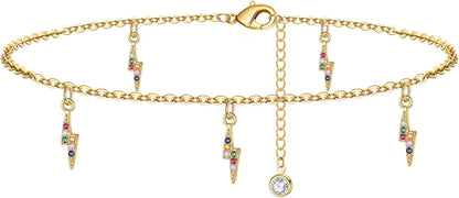 Dainty Ankle Bracelets for Women Girls, 14K Gold Filled Handmade Anklet Tiny Lock Key Star Lightning Crescent Elephant Evil Eye Ankle Bracelets for Women Girls Summer Boho Beach Foot Jewelry Apparel & Accessories > Jewelry > Anklets Yoosteel Lightning  