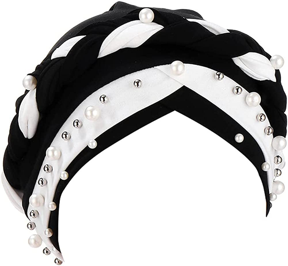 Fxhixiy Women Hijab Beading Pearl Braid Turban Hat Head Scarf Cancer Chemo Beanies Bandana Headwrap Cap Apparel & Accessories > Clothing Accessories > Headwear Fxhixiy White Black  
