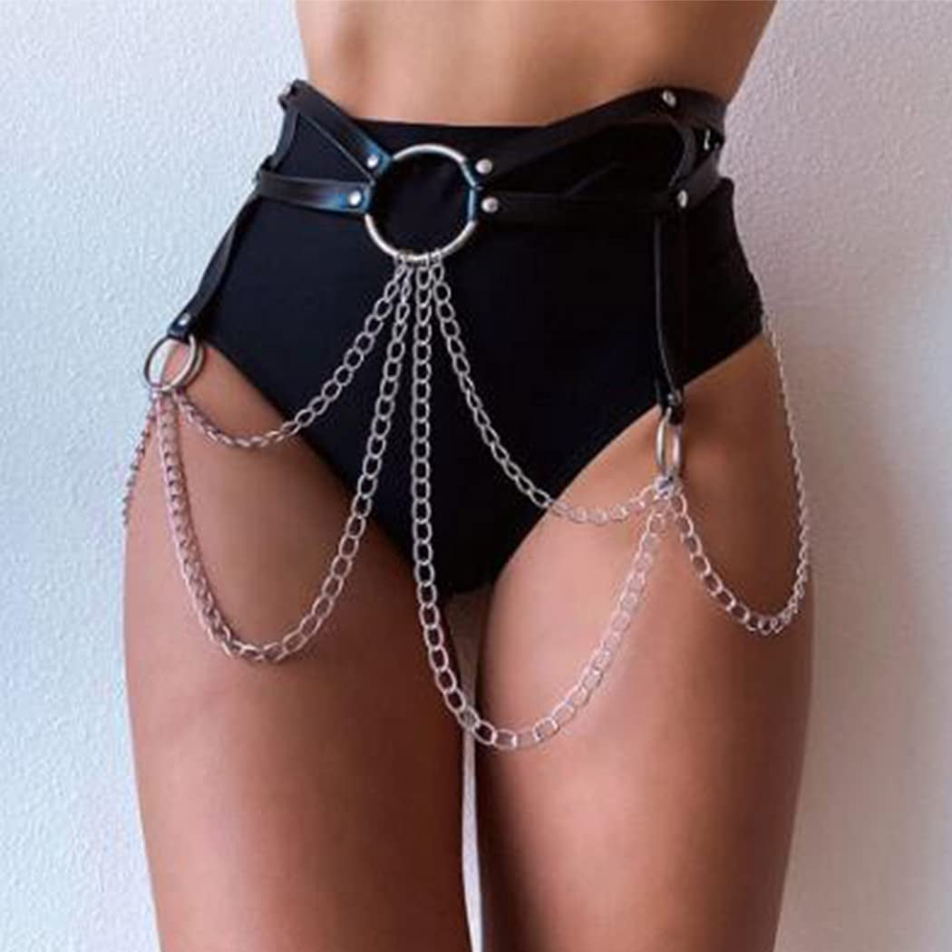 Bodiy Punk Waist Chain Belts Leather Gothic Layered Heart Love Rave Belly Body Chains Jewelry for Women Sexy (Black-1) Apparel & Accessories > Jewelry > Body Jewelry BODIY Black-3  