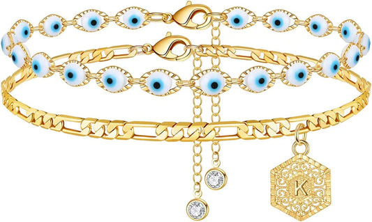 Evil Eye Ankle Bracelets for Women, 14K Gold Plated Layered Anklet Evil Eye Anklet for Women Openwork Hexagon Pendant Initial A-Z Gold Anklets for Women Girls Evil Eye Anklet Jewelry Gifts Apparel & Accessories > Jewelry > Anklets IEFSHINY K  