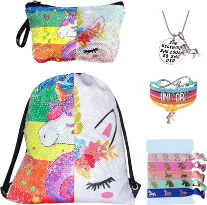 Unicorn Gifts for Girls - Unicorn Drawstring Backpack/Makeup Bag/Bracelet/Inspirational Necklace/Hair Ties (Flower Unicorn) Apparel & Accessories > Jewelry > Bracelets Doctor Unicorn Sequin Unicorn Rainbow  