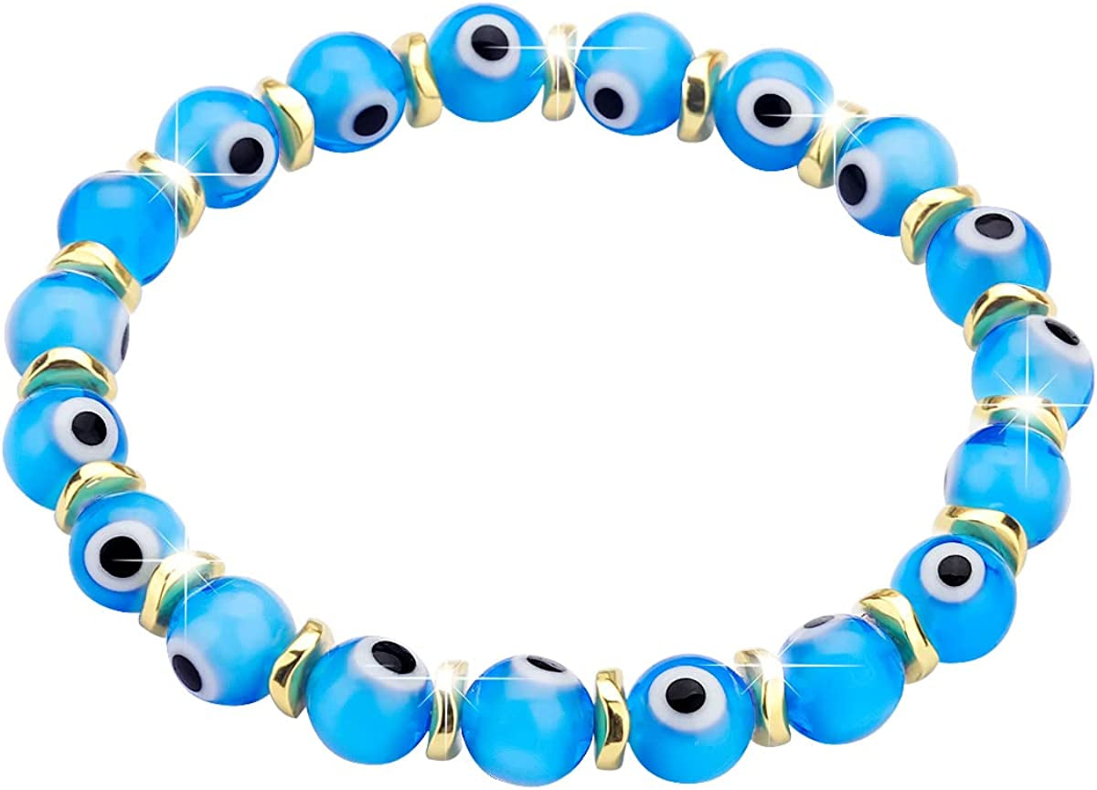 JUVJEW Evil Eye Bracelets for Women Protect 8Mm Ojo Glass Beaded Protection Stretch Braclet Jewelry Apparel & Accessories > Jewelry > Bracelets JUVJEW Gold-lake blue  