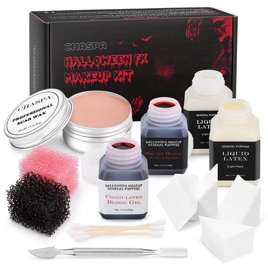 CHASPA Halloween Liquid Latex Special Effects SFX Makeup Kit - Scar Wax + 2 Btl Liquid Latex + 2 Btl Fake Blood + Spatula Tool + 2Pcs Stipple Sponge + 4Pcs Makeup Sponges + Cotton Swabs Health & Beauty > Personal Care > Cosmetics > Cosmetic Tools > Makeup Tools CHASPA 13 Count Kits  