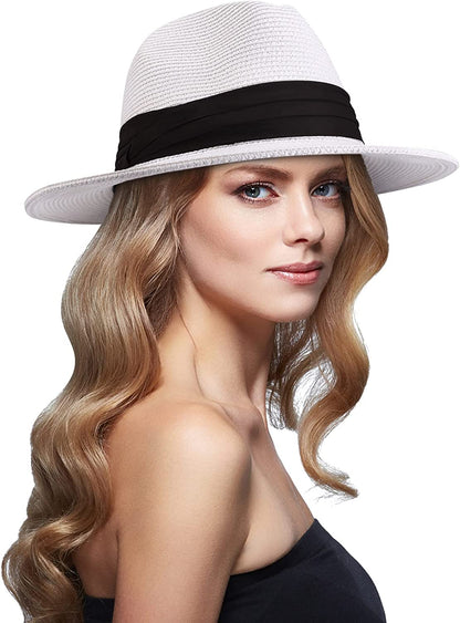 DRESHOW Women Straw Panama Hat Fedora Beach Sun Hat Wide Brim Straw Roll up Hat UPF 50+ Apparel & Accessories > Clothing Accessories > Hats DRESHOW Panama White  