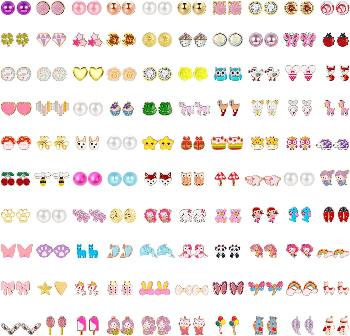 NEWITIN 100 Pairs Colorful Cute Stud Earrings for Girls Hypoallergenic Earrings Stainless Steel Earrings for Women Apparel & Accessories > Jewelry > Earrings NEWITIN Bright Girl  