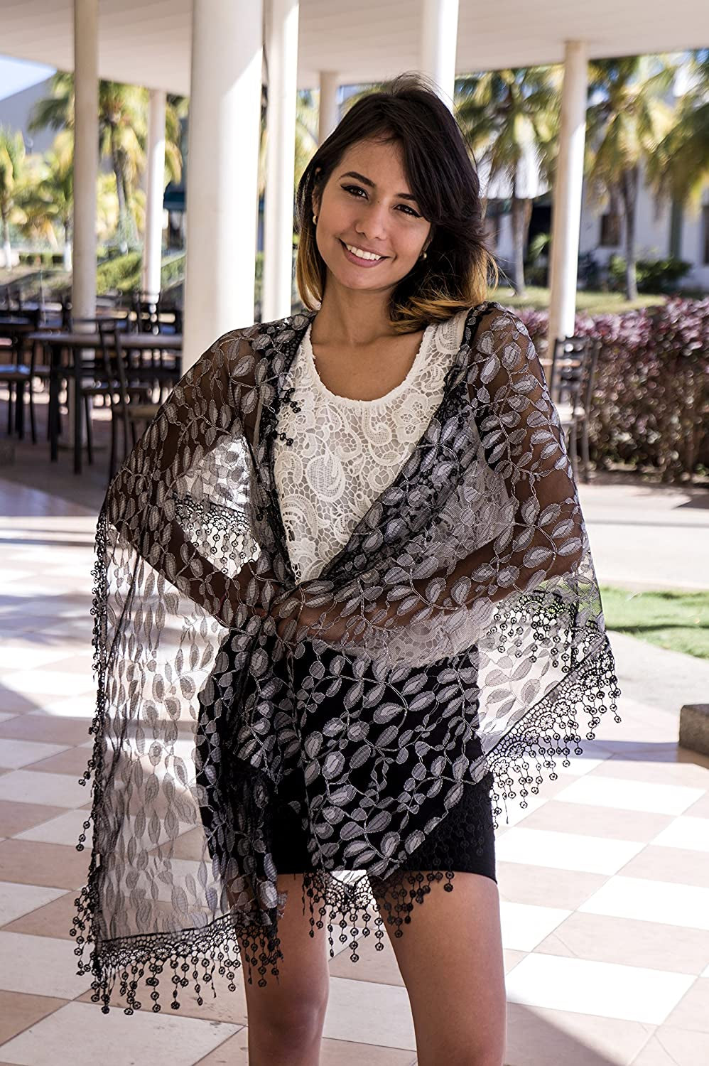 Women'S Lightweight Feminine Lace Teardrop Fringe Lace Scarf Vintage Scarf Mesh Crochet Tassel Cotton Scarf for Women Apparel & Accessories > Clothing Accessories > Scarves & Shawls Tan's   