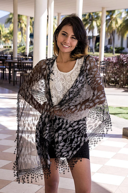Women'S Lightweight Feminine Lace Teardrop Fringe Lace Scarf Vintage Scarf Mesh Crochet Tassel Cotton Scarf for Women Apparel & Accessories > Clothing Accessories > Scarves & Shawls Tan's   