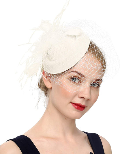 Fascinators Hats 20S 50S Hat Pillbox Hat Cocktail Tea Party Headwear with Veil for Girls and Women Apparel & Accessories > Clothing Accessories > Headwear Cizoe B-beige  