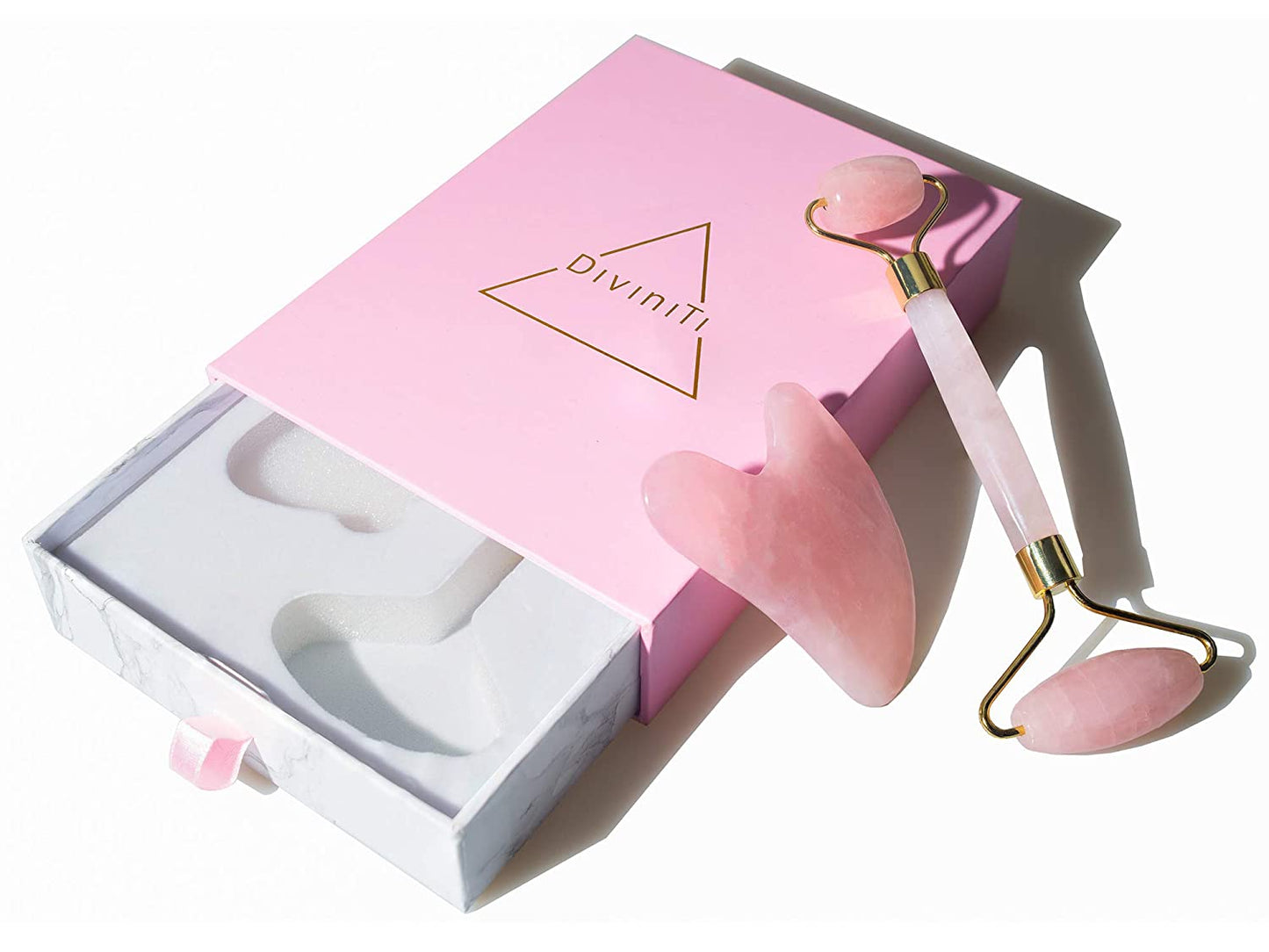 Rose Quartz Roller & Gua Sha Massage Tool - Gifts for Women - Jade Roller for Face Roller - Skincare Tools for Face | anti Aging Rose Quartz Roller for Face | Guasha Tool for Face Health & Beauty > Personal Care > Cosmetics > Cosmetic Tools > Skin Care Tools DROP OF DIVINITI   