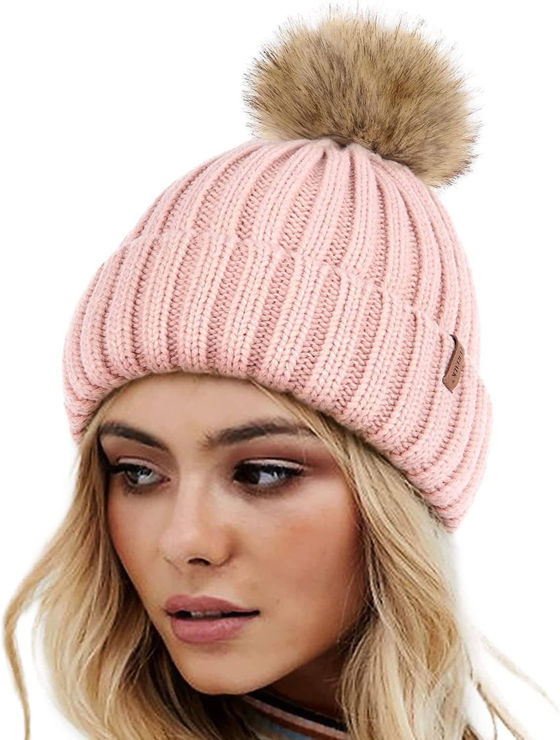 FURTALK Womens Winter Knitted Beanie Hat with Faux Fur Pom Warm Knit Skull Cap Beanie for Women… Apparel & Accessories > Clothing Accessories > Hats KYLIE MAX Pink  