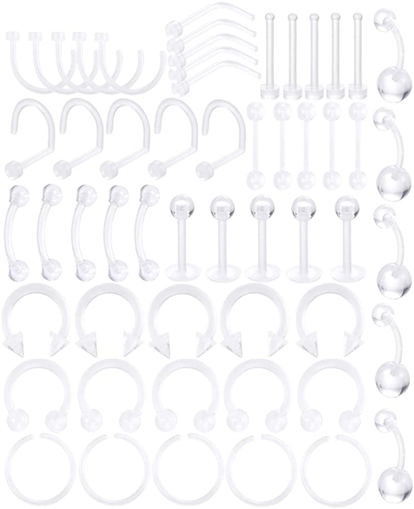 Oveta Clear Piercing Retainers Flexible Bioflex 14G 16G 20G Navel Belly Button Ring Lip Labret Piercings Retainer Eyebrow Tongue Barbells Cartilage Tragus Earrings Retainer 36-90PCS Apparel & Accessories > Jewelry > Body Jewelry Oveta 55pcs  