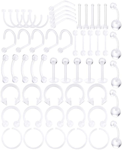 Oveta Clear Piercing Retainers Flexible Bioflex 14G 16G 20G Navel Belly Button Ring Lip Labret Piercings Retainer Eyebrow Tongue Barbells Cartilage Tragus Earrings Retainer 36-90PCS Apparel & Accessories > Jewelry > Body Jewelry Oveta 55pcs  