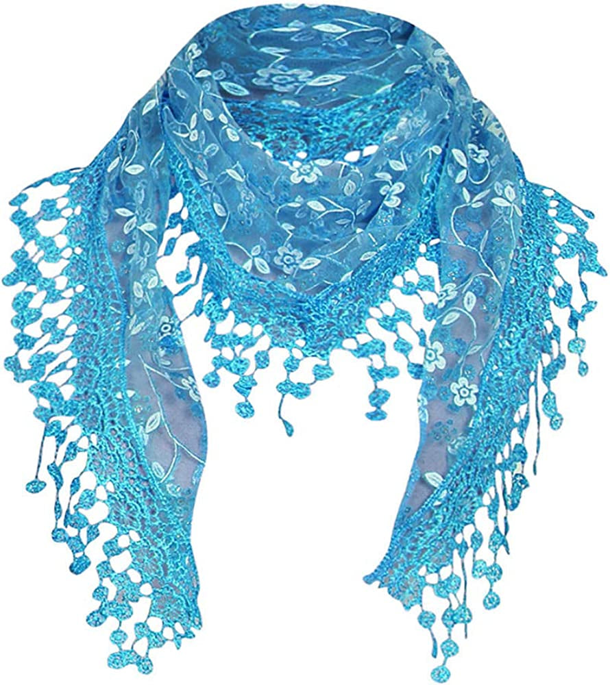 Cotchear Lace Scarf Floral Crochet Lightweight Tassel Sheer Wrap Scarves Shawl Apparel & Accessories > Clothing Accessories > Scarves & Shawls Cotchear Blue  