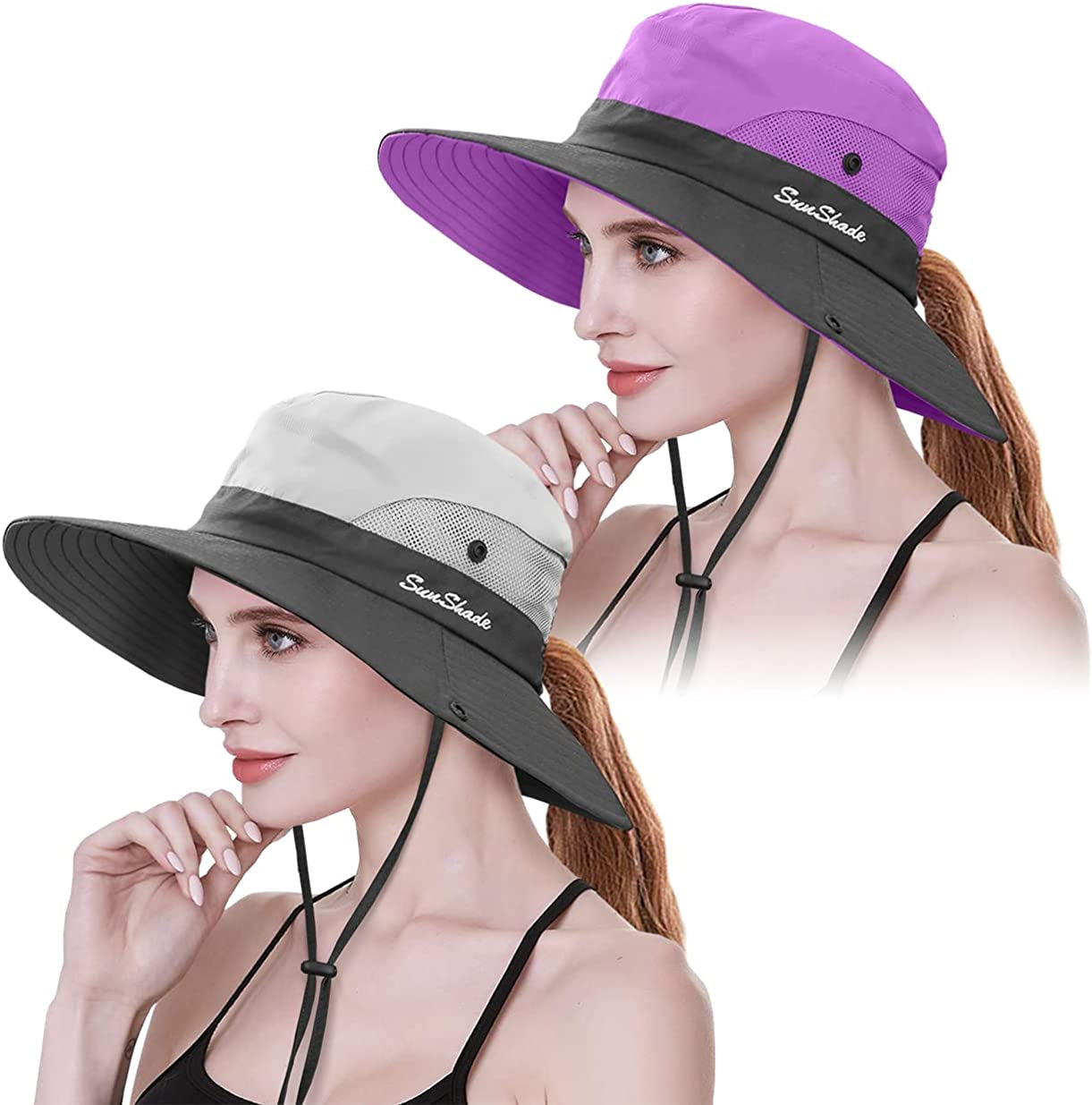 IYEBRAO 2 Pack Womens Ponytail Sun Hat UV Protection Bucket Hats Foldable Wide Brim Summer Boonie Beach Cap Fishing Hiking Apparel & Accessories > Clothing Accessories > Hats 29 IYEBRAO Beige & Purple  