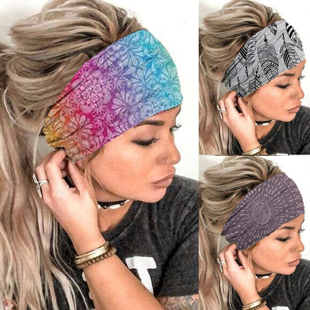 Morebrave Boho Headband Wide Turban Head Wraps Stretchy Head Bands Vintage Hairbands Butterfly Head Scarves Hair Accessories for Women and Girls Pack of 3 Apparel & Accessories > Clothing Accessories > Bandanas & Headties Morebrave Vintage  