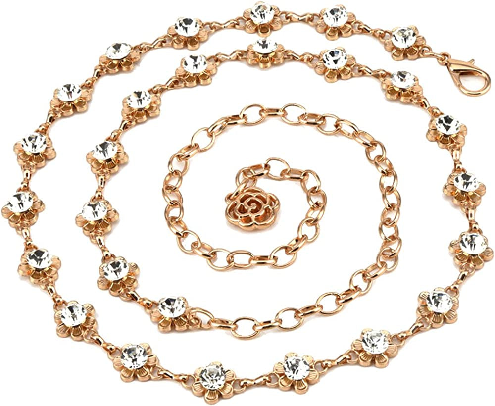 QTALKIE 40" Length Crystal Rhinestones Flower Body Chain for Skirt Beach Belly Body Waist Chain Jewelry Necklace for Women Apparel & Accessories > Jewelry > Body Jewelry QTALKIE   