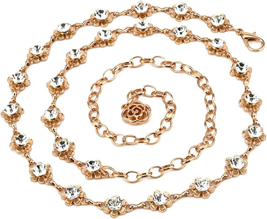QTALKIE 40" Length Crystal Rhinestones Flower Body Chain for Skirt Beach Belly Body Waist Chain Jewelry Necklace for Women Apparel & Accessories > Jewelry > Body Jewelry QTALKIE   