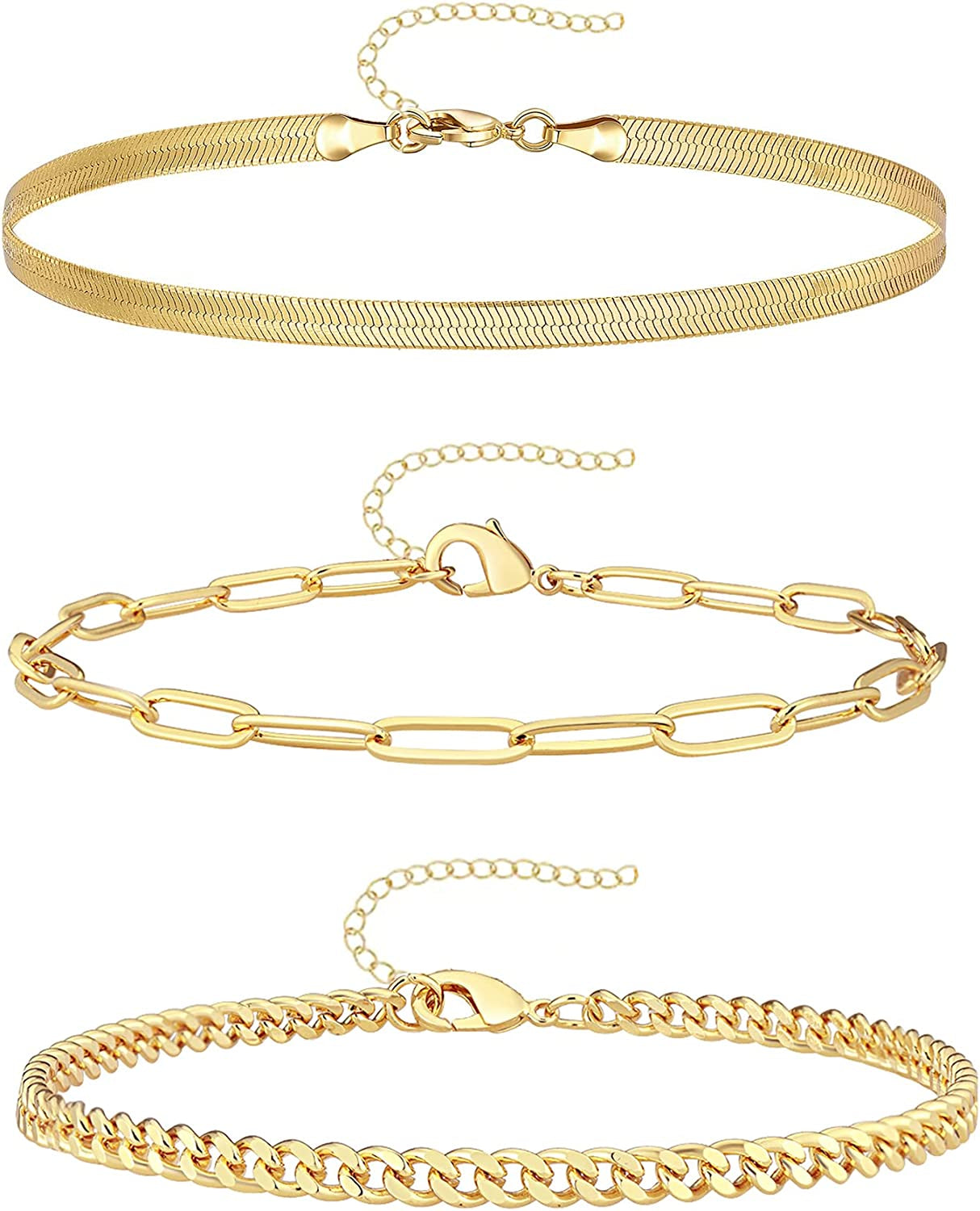 Reoxvo Dainty Gold Chain Bracelets Set for Women 14K Real Gold Plated Link Chain Bracelets for Women Trendy Gold Stackable Bracelets for Women Adjustable 7"+2" Apparel & Accessories > Jewelry > Bracelets Reoxvo Style 04  