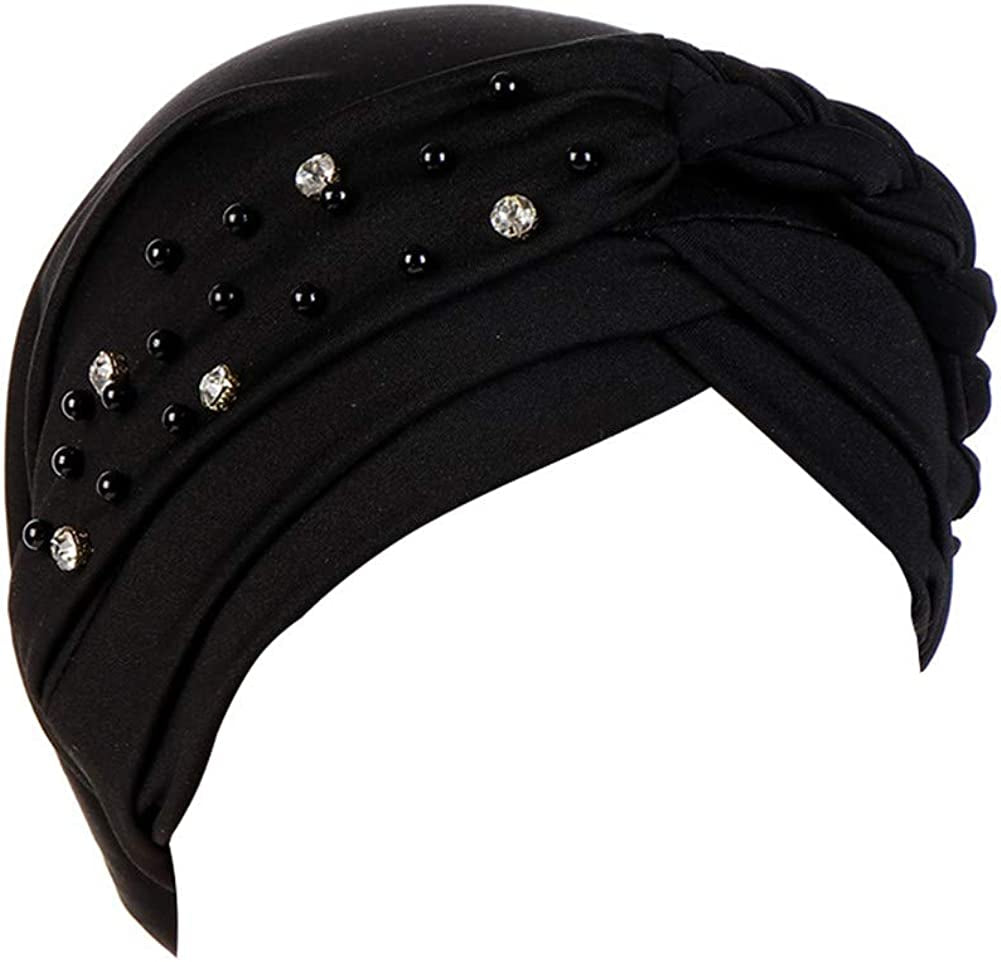 Beauty YFJH Women Hijab Beading Pre-Tied Twisted Braid Turban Hat Head Scarf Cancer Chemo Beanies Headwear Headwrap Cap Apparel & Accessories > Clothing Accessories > Headwear beauty YFJH Black  