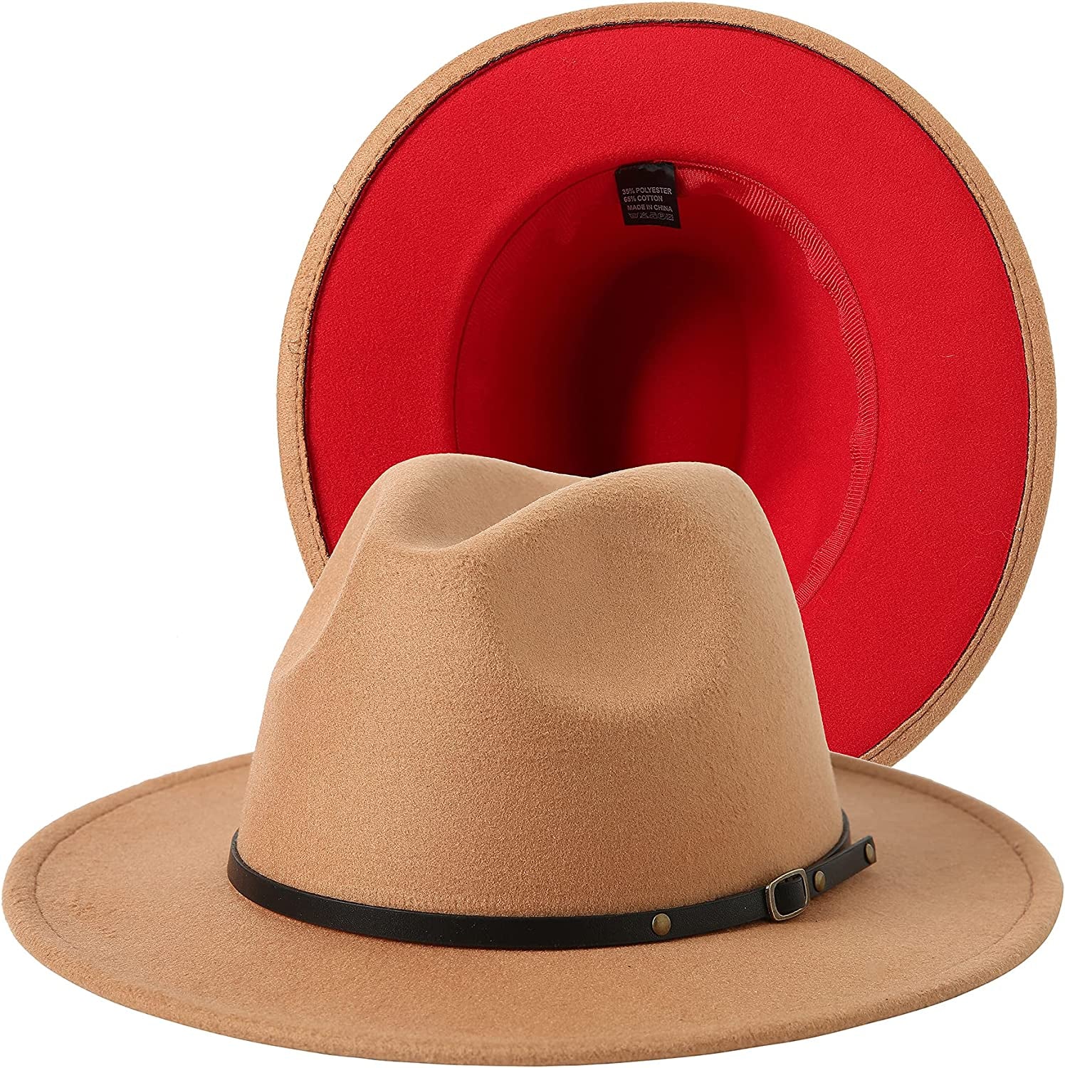 JOYEBUY Women Lady Two Tone Wide Brim Panama Hat Patchwork Colors Classic Fedora Hat with Belt Buckle Apparel & Accessories > Clothing Accessories > Hats JOYEBUY Camel/Red One Size 