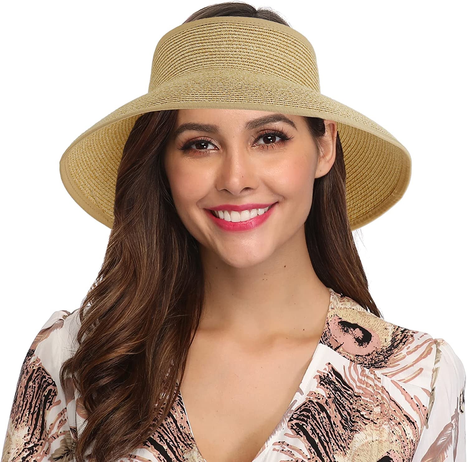 Lanzom Women Packable Hat Sun Visor Hats Wide Brim Straw Roll up Ponytail Summer Beach Hat UPF 50 Apparel & Accessories > Clothing Accessories > Hats Lanzom Mixed Beige 1 One Size 