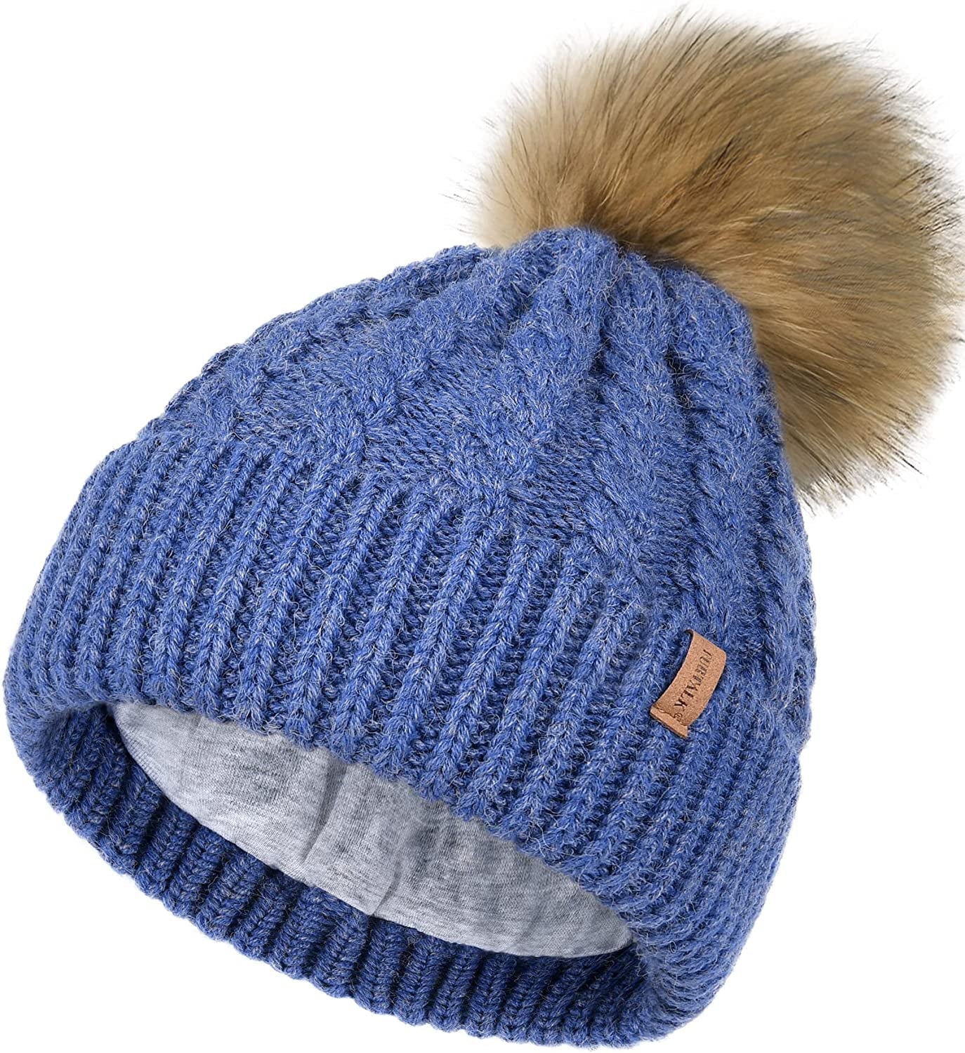 FURTALK Winter Beanie Hat for Women Cotton Lined Faux Fur Pom Pom Hats Womens Warm Thick Knit Skull Cap Apparel & Accessories > Clothing Accessories > Hats KYLIE MAX 33 Mixed Blue One Size 