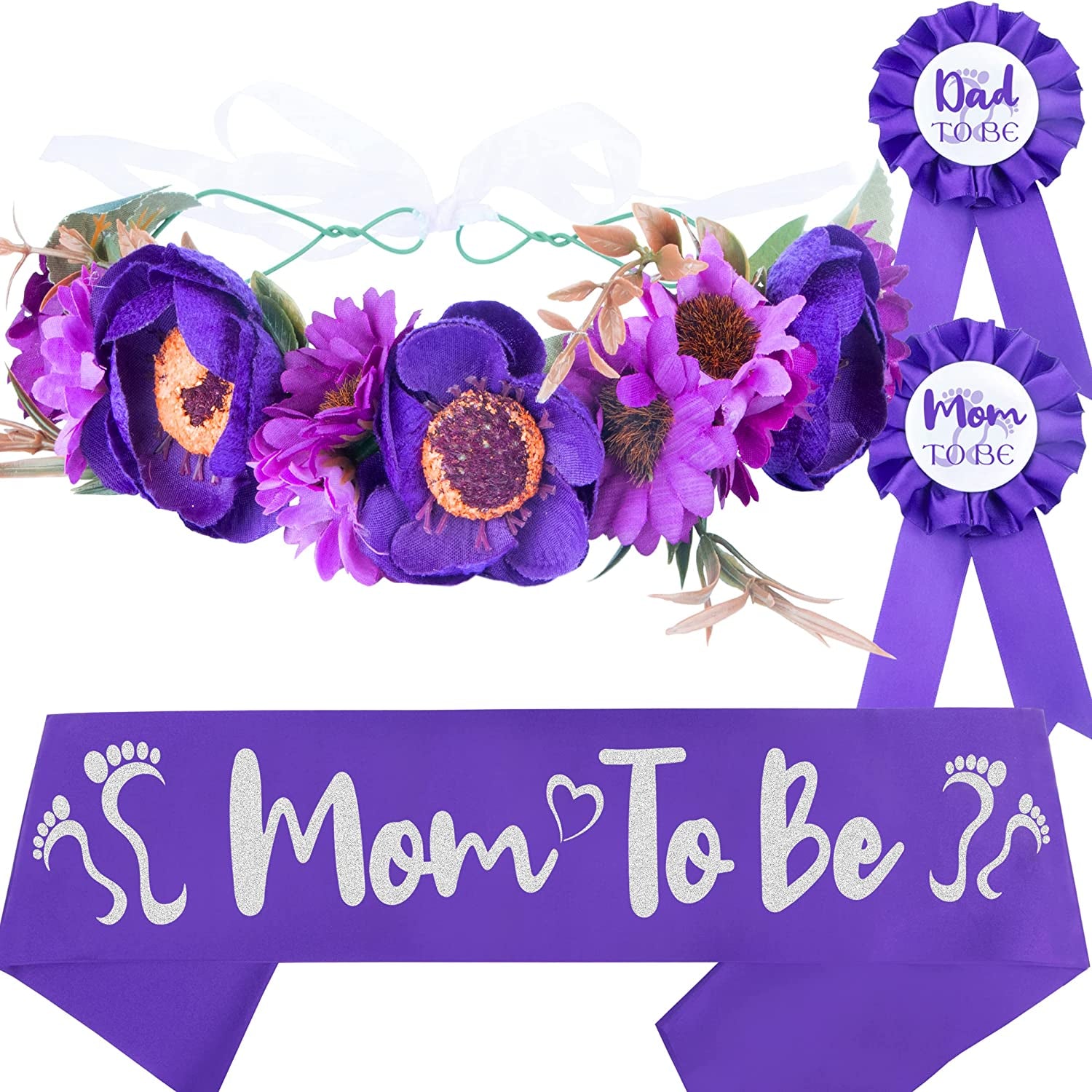 Baby Shower Decoration for Mom to Be and Dad to Be, Pink Flowers Style Tiara + White & Pink Sash + White & Pink "Dad to Be" Pin, Maternity Christmas Gift for Her Nd Him Apparel & Accessories > Clothing Accessories > Sashes VeryMerryMakering Purple  