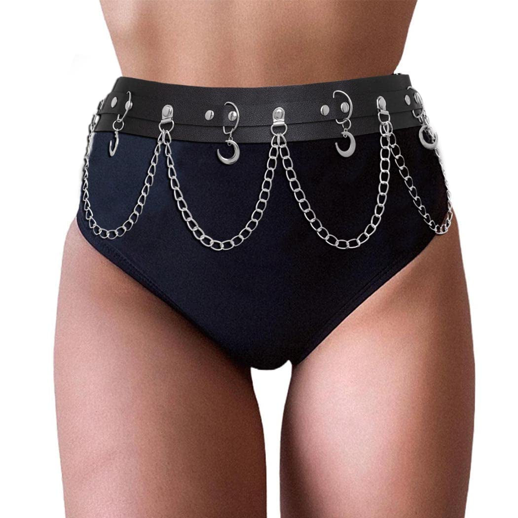 Reetan Punk Body Chains Black Layered Waist Chain Leather Belt Belly Chains Rave Party Body Jewelry Accessories for Women and Girls (1) Apparel & Accessories > Jewelry > Body Jewelry REETAN 7  