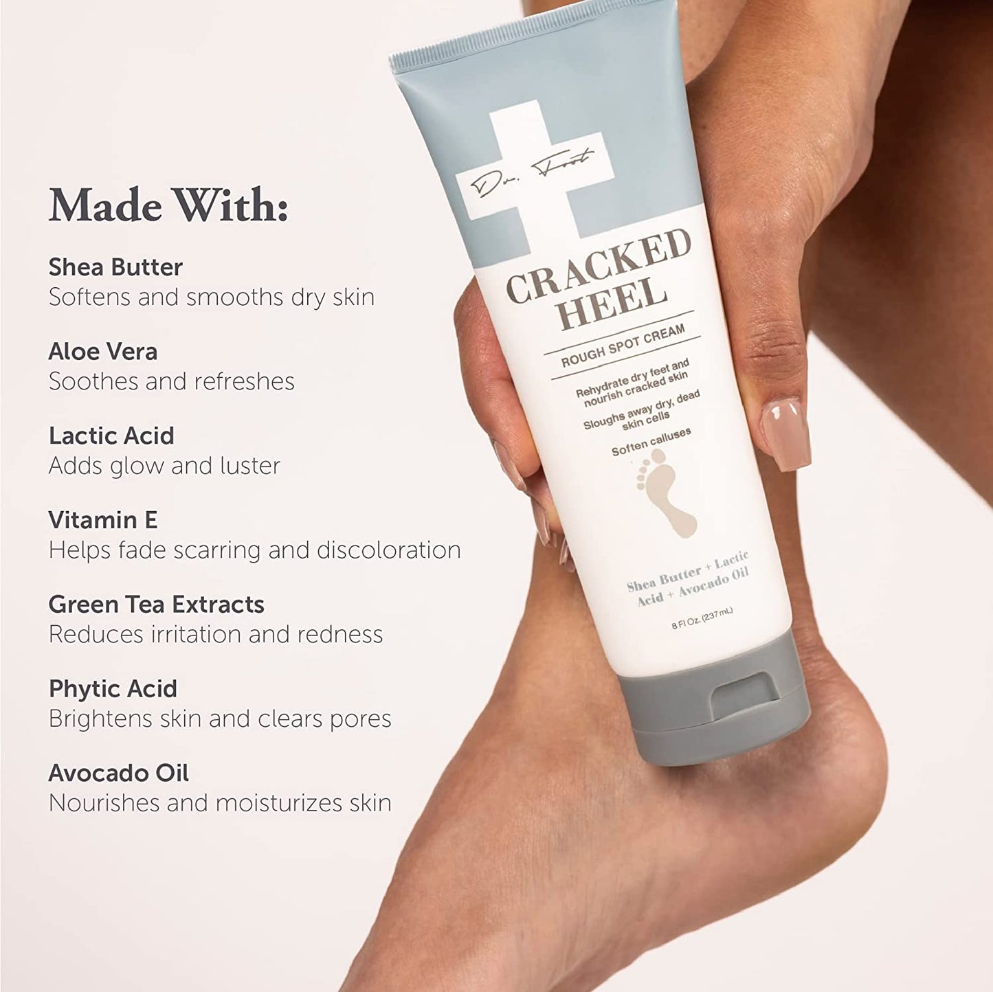 Dr. Foot Cracked Heel Moisturizer Foot Cream Skincare Lotion. Moisturizing Skin Care Lotion W/ Shea Butter & Lactic Acid Helps Heal Cracked Heels, Dry Skin on Feet, & Soften Calluses, Large 8 Fl Oz Health & Beauty > Personal Care > Foot Care Dr. Foot   