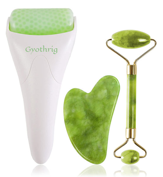 Jade Face Gua Sha Roller – Ice Facial Eye Massage Stone Gifts for Mom Mothers Day Natural Cooling anti Wrinkle Skin Care Tools Treatment for Puffiness Migraine Pain Relief Minor Injury Muscle Relaxing Health & Beauty > Personal Care > Cosmetics > Cosmetic Tools > Skin Care Tools Gyothrig green  
