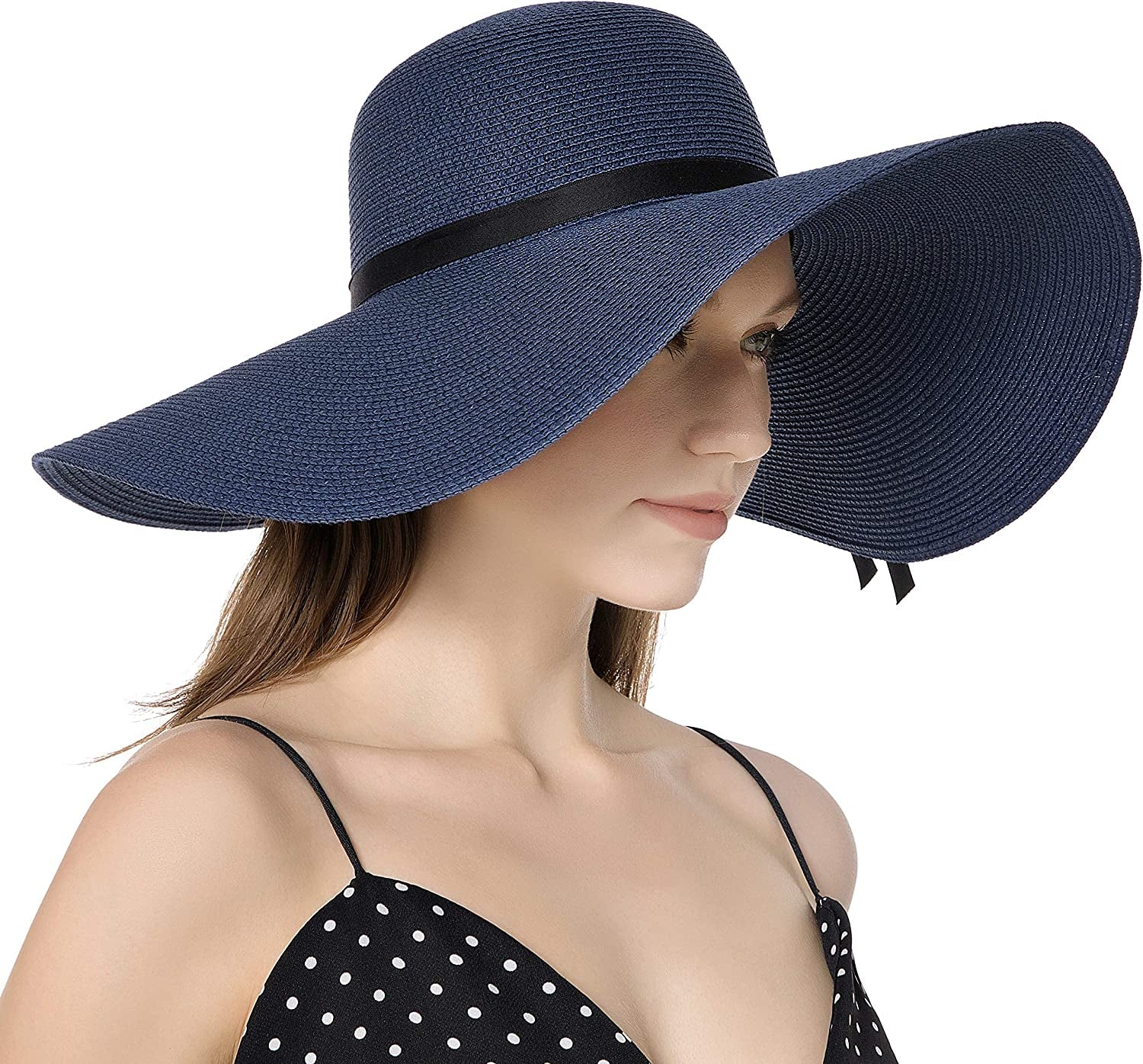 Muryobao Womens Wide Brim Straw Sun Hat Floppy Foldable Roll up Cap UPF 50+ Summer Beach Hats Apparel & Accessories > Clothing Accessories > Hats Muryobao Z-extra Large Brim Navy Blue  