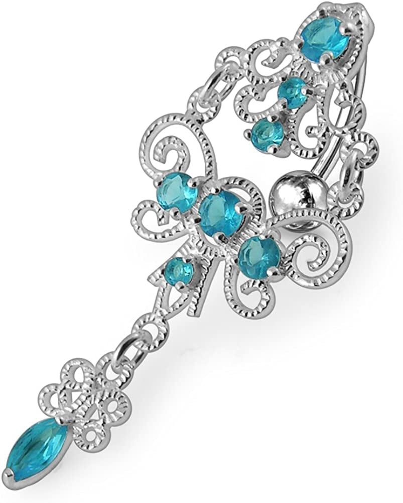 Jeweled Chandeliers Dangling 925 Sterling Silver Belly-Navel Ring Body Jewelry Apparel & Accessories > Jewelry > Body Jewelry PiercingPoint Light Blue  