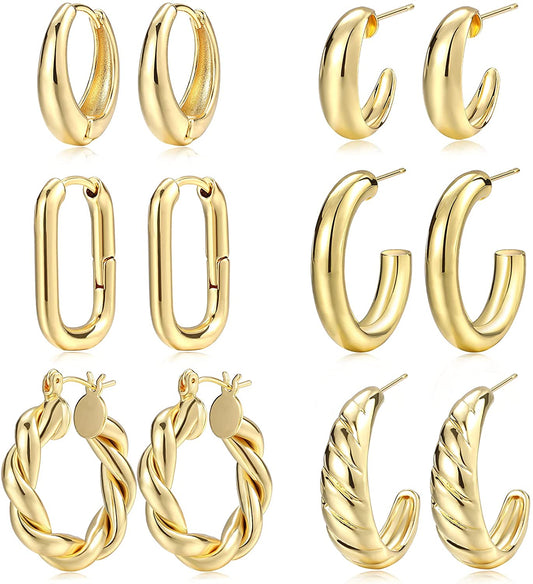 Gold Hoop Earrings Set for Women, 14K Gold Plated Lightweight Hypoallergenic Chunky Open Hoops Set for Gift Apparel & Accessories > Jewelry > Earrings KYLIE MAX Gold  