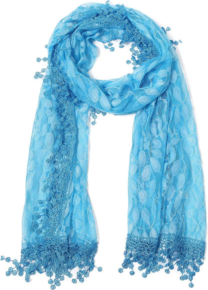 Cindy and Wendy Lightweight Soft Leaf Lace Fringes Scarf Shawl for Women Apparel & Accessories > Clothing Accessories > Scarves & Shawls Cindy and Wendy Turquoise Blue  
