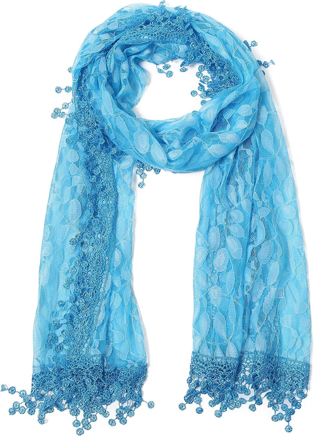 Cindy and Wendy Lightweight Soft Leaf Lace Fringes Scarf Shawl for Women Apparel & Accessories > Clothing Accessories > Scarves & Shawls Cindy and Wendy Turquoise Blue  