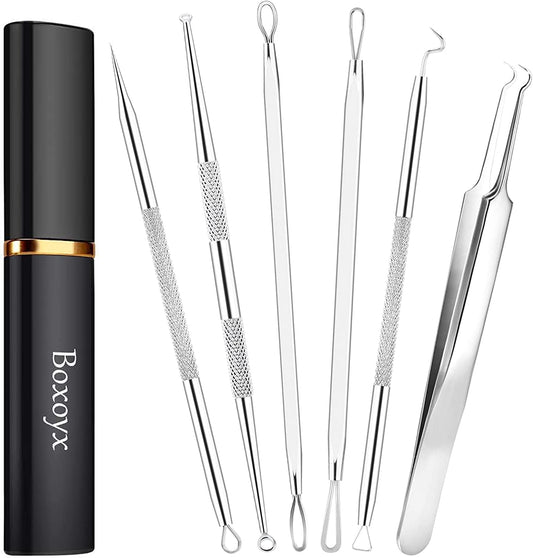 Boxoyx Pimple Popper Tool Kit - 6Pcs Blackhead Remover Comedone Extractor Tool Kit with Metal Case for Quick and Easy Removal of Pimples, Blackheads, Zit Removing, Forehead, Facial and Nose(Silver) Health & Beauty > Personal Care > Cosmetics > Cosmetic Tools > Skin Care Tools Boxoyx Slver-6 Piece Set  