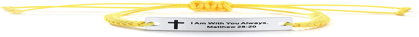 Personalized Unisex Religious Bible Verse Scripture Quotes Bracelet Faith Christian Adjustable Cord Stainless Steel Encourage Inspirational ID Bracelets for Men Women, Christmas Gift Customized Apparel & Accessories > Jewelry > Bracelets Mealguet Yellow-I Am With You Always. Matthew 28:20  