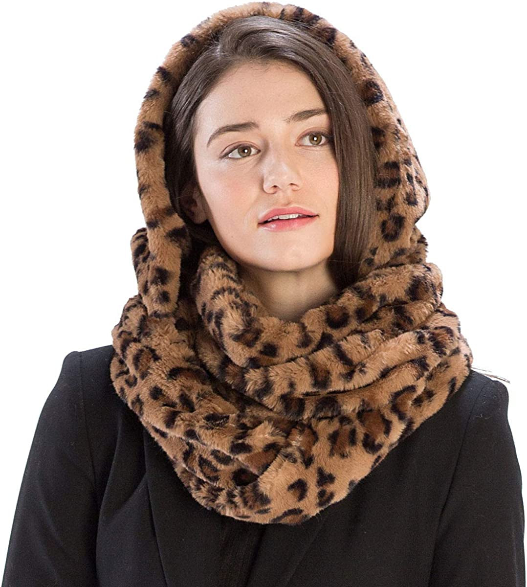 Fashion 21 Women'S Soft Faux Fur Infinity Scarf & Infinity Hood Scarf Head Scarf Wrap (2 Styles) Apparel & Accessories > Clothing Accessories > Scarves & Shawls Fashion 21 Hooded - Leopard Print  
