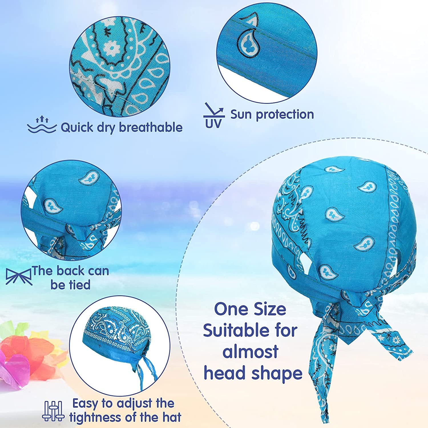 Huukeay 24 Pieces Do Rag Skull Caps Sweat-Wicking Beanie Cap Biker Skull Cap Paisley Bandana Cap Head Tie Cycling Cap Helmet Liner Skull Hat Quick-Drying Pirate Hats for Men Women, 24 Colors Apparel & Accessories > Clothing Accessories > Bandanas & Headties Huukeay   