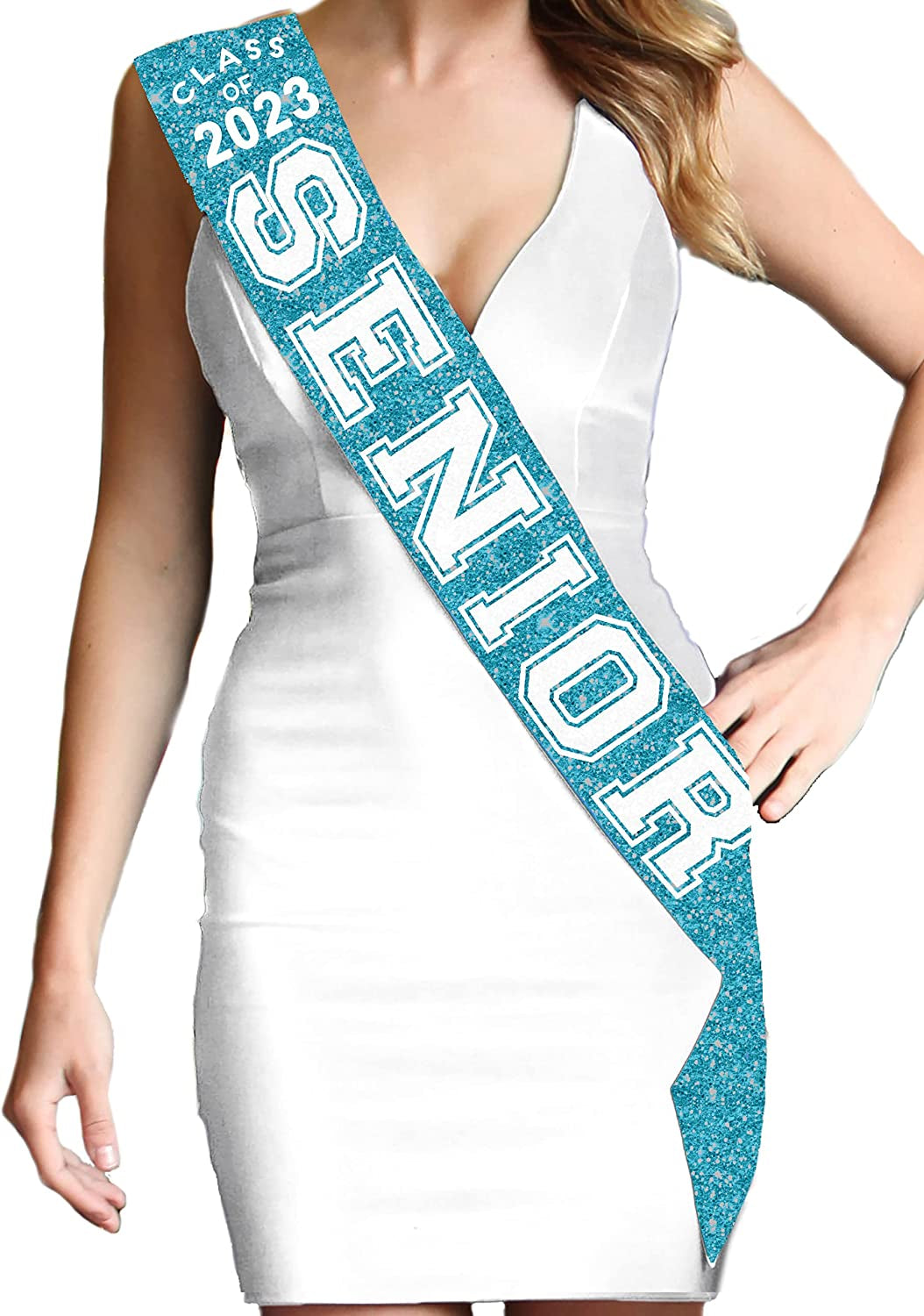 Senior Sash - Senior Night Party Decorations - Senior 2023 Party Sports Event Sash Cheer Dance Team Apparel & Accessories > Clothing Accessories > Sashes RhinestoneSash Turquoise Blue Sparkle (Class of Senior)  