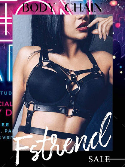 Fstrend Punk Leather Chest Body Chain Black Sexy Harness Waist Chains Nightclub Party Prom Rave Belt Belly Bra Jewelry Accessories for Women Apparel & Accessories > Jewelry > Body Jewelry Fstrend   