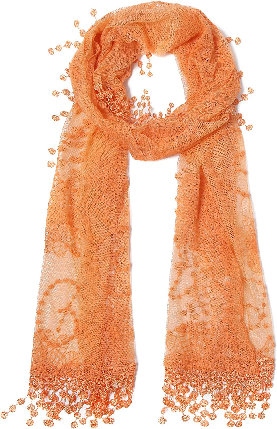 Cindy and Wendy Lightweight Soft Leaf Lace Fringes Scarf Shawl for Women Apparel & Accessories > Clothing Accessories > Scarves & Shawls Cindy and Wendy Tyh-orange  