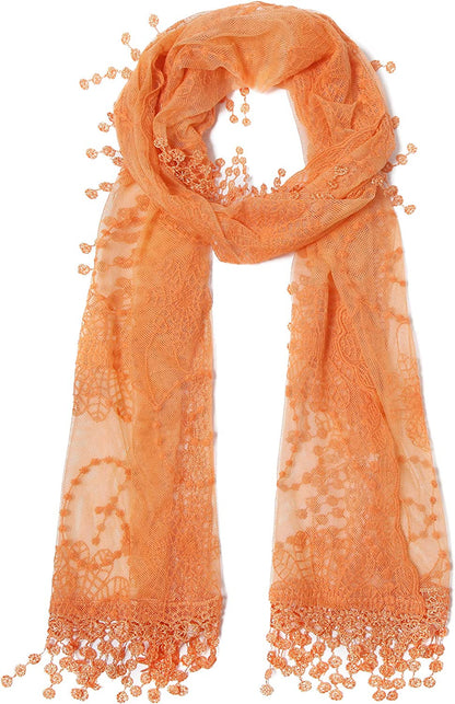 Cindy and Wendy Lightweight Soft Leaf Lace Fringes Scarf Shawl for Women Apparel & Accessories > Clothing Accessories > Scarves & Shawls Cindy and Wendy Tyh-orange  